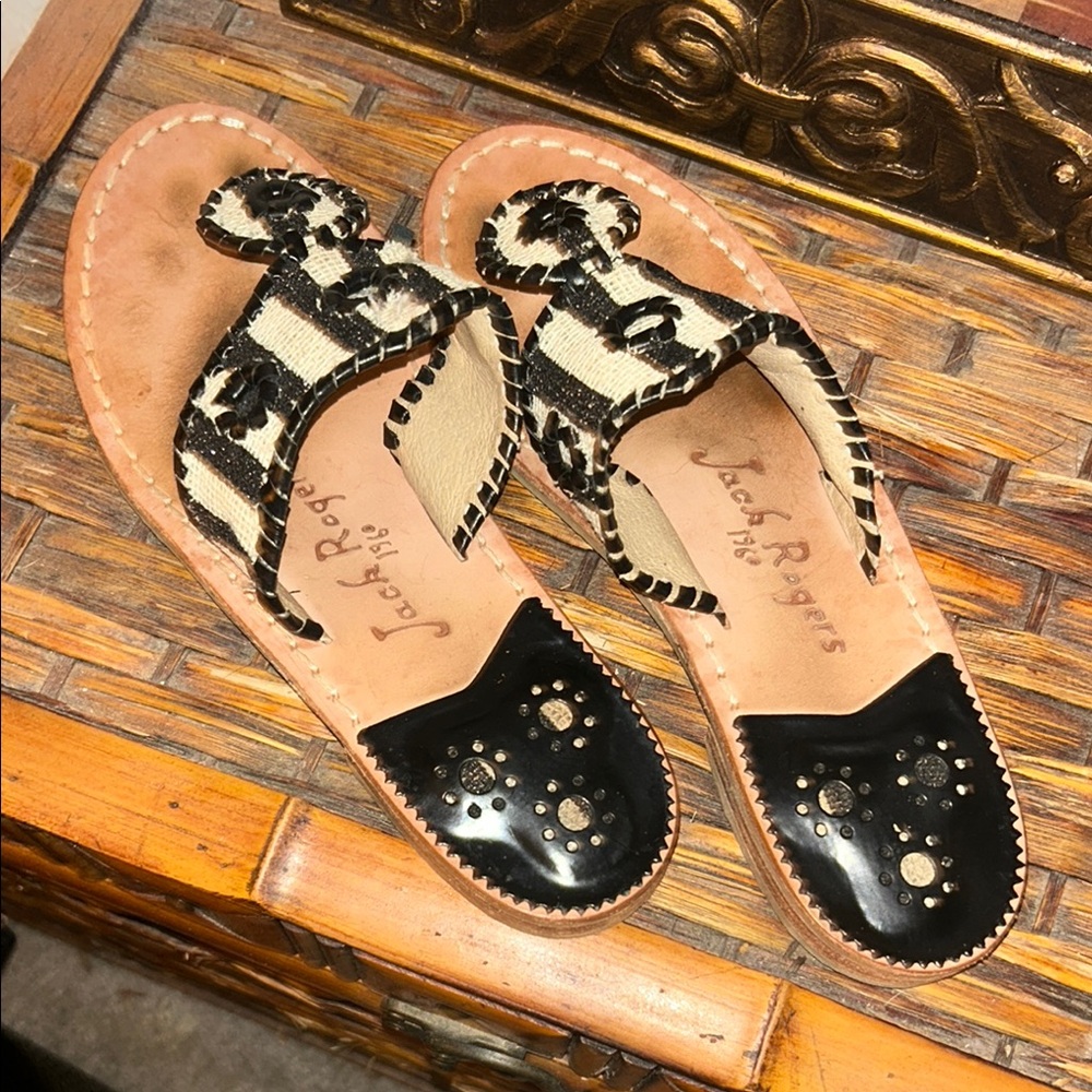 Jack Rogers Black and Cream Sandals with Perforated Straps